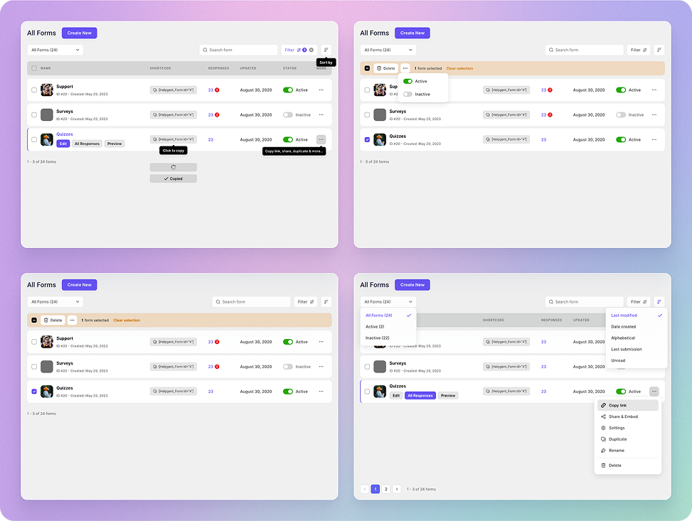 HelpGent all forms table interface