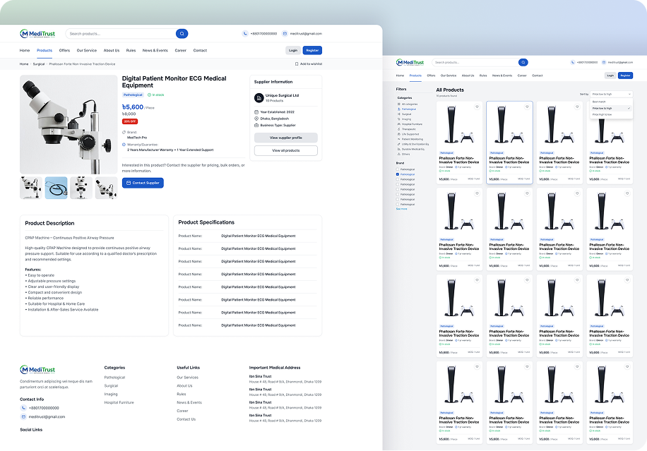 MediTrust medical product details and marketplace catalog screens